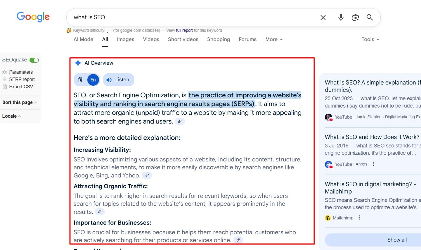 Laptop screen displaying Google AI Overviews with a summary box