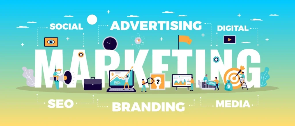 digital-marketing-concept-with-online-advertising-media-symbols-flat